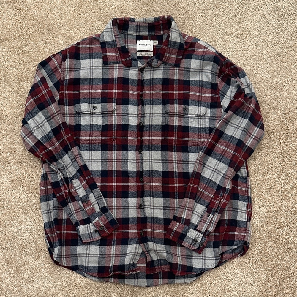 Goodfellow & Co Men's Casual Plaid Shirt - Red, Gray, and Black